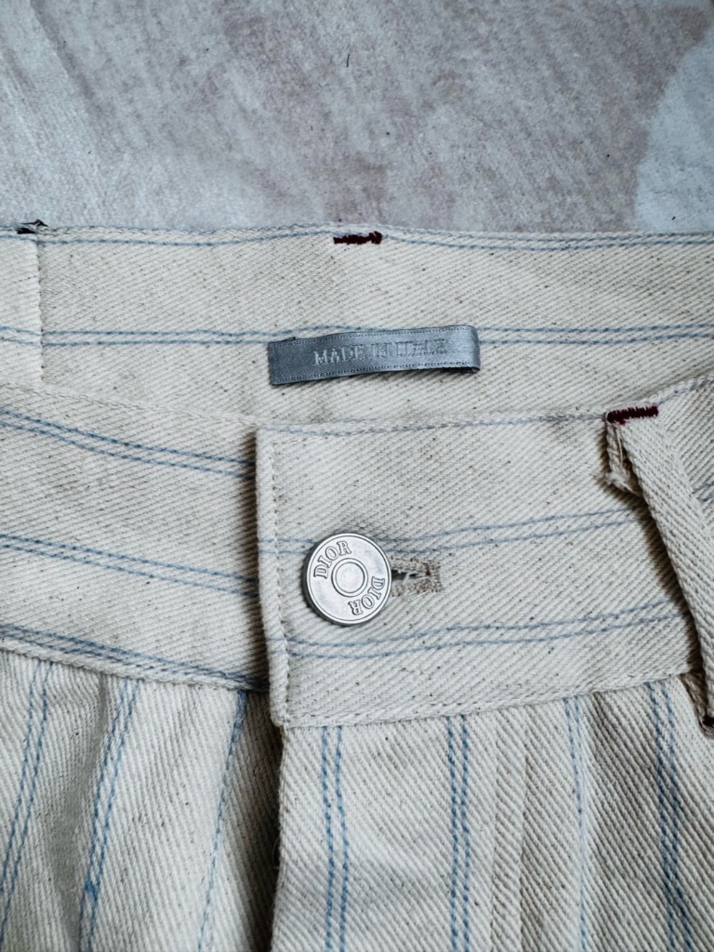 Dior Cream Pants with Blue Pinstripes and Branded Button - Picture 6 of 14